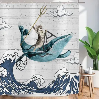 ASDCXZ Duschvorhang Lustig 180x200 cm, Katzen Fahrt Wale Meereswelle Waschbar Witzig Textil Badezimmer Vorhänge Polyester Wasserdicht Duschvorhänge für Badewanne mit 12 Duschvorhang Hake
