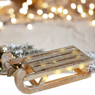 Dekorativer Rustikaler Leuchtschlitten aus Holz mit 25 warmweissen LEDs und Timer-Funktion. Für festliche Deko, Weihnachten & gemütliche Winterabende