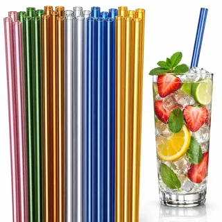 24 Stück Glasstrohhalme Set wiederverwendbar Trinkhalme Borosilikatglas Glas spülmaschinenfest hitzebeständig bunt 20cm inkl 2 Reinigungsbürsten für Smoothies Cocktails Saft