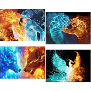 TDFERAN/30x40CM 4 Stück 5D Diamond Painting Liebhaber Eis und Feuer, DIY Kristall Stickerei Malerei Phönix, Diamant Malerei Wolf Malen Nach Zahlen Tiger, Mosaik Kunsthandwerk Haus Dekoration