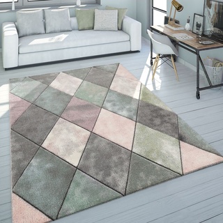 Paco Home Teppich Wohnzimmer Bunt Pastellfarben Rauten Muster 3-D Design Kurzflor Robust, Grösse:80x150 cm