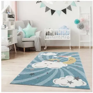 Carpet City Kinderteppich Anime9380, rechteckig, Höhe: 11 mm, Teppich Mond, Wolken, Sterne, Weicher Flor blau 140 cm x 200 cm x 11 mm