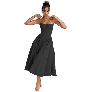Sleeveless Corset Fit Midi Dress Spaghetti Strap Sundress Solid Color Print Bustier High Waist A Line Dress with Pockets (Black,M) - S