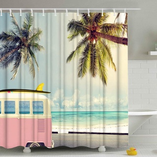 Boyouth Duschvorhang mit rosa Bus am Strand, Digitaldruck, für Badezimmer, Dekoration, Polyester, wasserdicht, mit 10 Haken, 150 x 180 cm, mehrfarbig