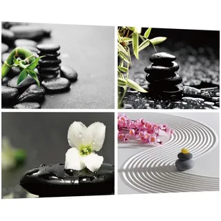 4er Set Wandtattoo Zen Steinen - Wandsticker Grüne Pflanzen Blumen & SPA Badezimmer Poster Selbstklebend - Wandaufkleber für Deko Toilette, Wohnzimmer, Esszimmer, Büro 50x35cm (d)