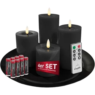 Candela Lights LED Kerzen 4er Set  Winter Kollektion  Echtwachs Stumpenkerzen schwarz inkl. Fernbedienung, Dekoteller & Batterien, Timer & dimmbar