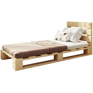 Lermowood Palettenbett M1 aus Holz 100 x 200 cm Natur mit Kopfteil Holzbett 20cm Stabiles Seniorenbett Kinderbett Jugendbett Gästebett erhöhtes Einzelbett Bettgestell Futonbett Komforthöhe Naturholz