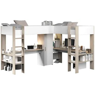 Parisot Hochbett Alex (2x Kinderbett über Eck 90 x 200 cm, mit Schrank und Schreibtisch) kein Lattenrost erforderlich weiß
