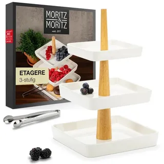 Moritz & Moritz Etagere Moritz & Moritz Etagere eckig 3-Stufig weiß mit Holz Stange, Porzellan, (3 Etagen, 2-tlg), Perfekt als Obstschale für Obst Aufbewahrung, Muffins und Cupcakes weiß