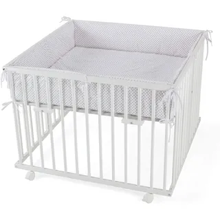 Waldin Laufstall Baby Buchenholz Massiv Höhenverstellbar 100x100 cm | Zertifiziert nach EN 12227 mit 4 Rollen mit Bremse 3 Herausnehmbare Sprossen Holz Natur oder Weiß Lackiert