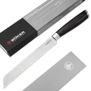 Böker SOLINGEN® Meisterklinge Damast Brotmesser mit Wellenschliff - extrem scharfes Brot- und Brötchen-Messer 20 cm mit Räucher-Eiche Holzgriff in Geschenk-Box