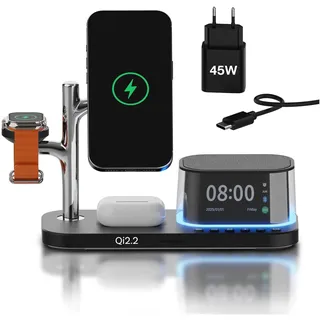 Kabellose Ladestation 5-in-1 mit Wecker, Bluetooth-Lautsprecher & LED-Nachtlicht für MagSafe von MMOBIEL – 25W Qi2.2 Magnetisches Kabellose Ladegerät für iPhone, Apple Watch & AirPods – Schwarz
