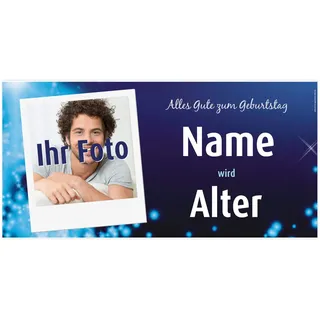 Herz & Heim® Partybanner Geburtstag mit eigenem Fotos und Namen 0,80 x 1,60 m (Blau)