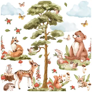 Wally Fox Wandtattoo Kinderzimmer Deko Wandtattoo Kinderzimmer Mädchen und Junge Wanddeko Wandaufkleber für Baby Grün, Braun, Rot Waldtiere, Teddybär, Fuchs, Hirsch, Baum