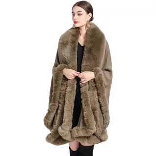 Cool&D Damen Poncho Cape Winter Umhang Strickjacken mit Kunstfell Kragen - Einheitsgröße Tall
