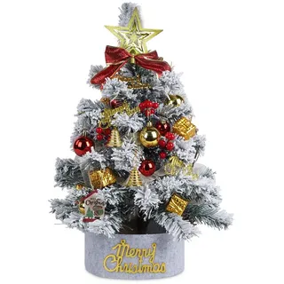 ElitVita Künstlicher Weihnachtsbaum 60 cm Weihnachtsbaum mit Beleuchtung, Baumspitze Stern, Tannenbaum mit Schnee, für Büro Tischdeko Weihnachtsdeko weiß