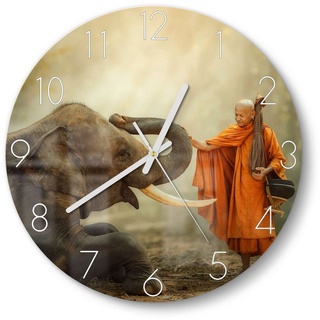 DEQORI Wanduhr 'Buddhist berührt Elefant' (Glas Glasuhr modern Wand Uhr Design Küchenuhr) grau|orange 30 cm x 30 cm