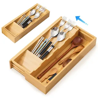 Besteckkasten fur Schubladen aus Bambus, Küchenutensilienablage, Holz Utensilien Schublade, Organizer, Besteckablage, Ausziehbarer Küchenorganizer für die Küche - 40 cm