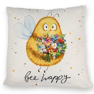 Pummel Biene Kissen mit Spruch Bee Happy Hummel Blumen Design Frühling Glücklich Gezeichnetes Hpnig Strauß Kissen zum Schlafen sei glücklich