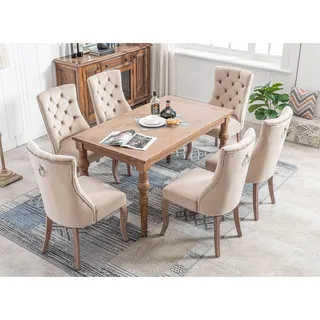Moimhear 4-Fußstuhl, Stuhl Beige Samt Esszimmerstuhl,hohe Rückenlehne, mit Knopfsteppung, Gestell aus Massivholz, Beige (6)