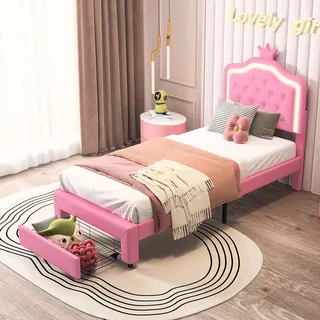 DAHUEN Kinderbett Polsterbett 90x200, Bettgestell für Mädchen mit LED verstellbares Kopfteil, Kronen-Einzelbettgestell aus PU-Leder mit Lattenrost und 1 Schubladen, PU (Rosa, 90x200)