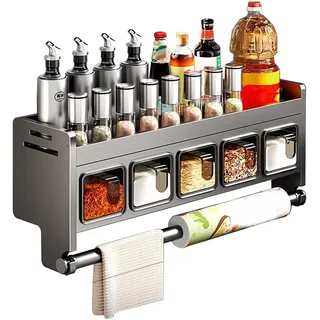 TECKZOON Küchenregal Wand Organizer Ohne Bohren, Hängendes Gewürzregal aus Stainless Steel mit Küchenrollenhalter & 4-5 Gewürzboxen, Gewürz Organizer Regal für Wand (5 Gewürzbox)
