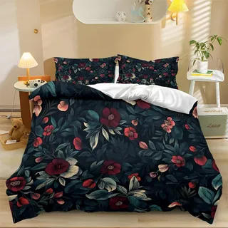 Generisch Bettwäsche-Set 135 x 200 cm Dschungelpflanzen Blumen Mikrofaser Blätter mit Reißverschluss und 2 Kissenbezug 80 x 80 cm Dunkelgrün