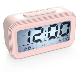 Coolzon Digitale Wecker Batterie, Digitaluhr Wecker Digital mit Großer LED digitalwecker Datum Temperatur Anzeige, Kinderwecker Snooze Reisewecker Nachtlicht, Pink