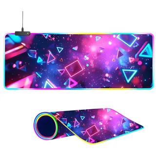 Mateju Lila Geometrie-Druck RGB Mousepad, Mousepad XXL 14 Beleuchtungs Modi 7 LED Farben, Gaming Mauspad, rutschfeste Gummibasis Mauspad mit Vernähte Kanten für Tastatur Computer (Lila 1,900x400x4mm)