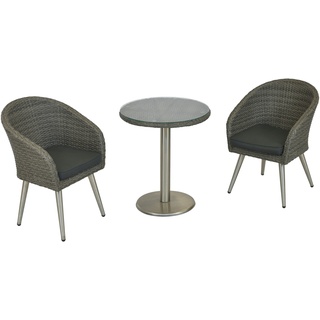 Merxx Boulevard Set 3tlg., 2 Sessel mit Beinen aus Edelstahl, 1 Tisch Ø 65 cm, Stahl/Kunststoffgeflecht/Edelstahl