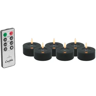 Candela Lights LED Kerzen 6er Set Ø6,8cm Winter schwarz glatt Echtwachs Teelicht mit Fernbedienung & Timerfunktion Flammenlose flackernde LED-Kerze mehrstufig dimmbar