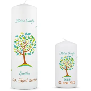GRAVURZEILE Taufkerze Lebensbaum - Kerze mit Namen, Datum & Taufspruch - Hochwertige Stumpenkerze 250/80 mm brilliant bedruckt - Personalisiertes Taufgeschenk für Mädchen & Jungen - Grün Set