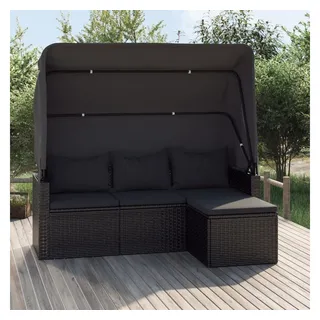 vidaXL Loungesofa 3-Sitzer-Gartensofa mit Dach und Fußhocker Schwarz Poly Rattan, 1 Teile schwarz