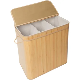 Relaxdays Wäschekorb mit Deckel, 150 l, 3 Fächer, HxBxT: 61,5 x 61 x 41,5 cm, Badezimmer Wäschetruhe, Natur