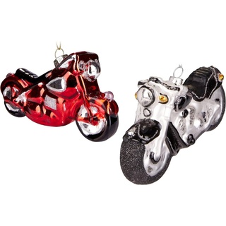 BRUBAKER Christbaumschmuck Weihnachtskugel Set - Motorräder in Schwarz Silber und Rot (2-tlg), Motorradfahrer Set - Mundgeblasene Christbaumkugel rot|schwarz|silberfarben