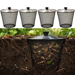 Sedtonmu 10L Unterirdisch Wurmkomposter Metall mit Deckel,4/6/8 Stück Küchen&Gartenabfälle Beetkomposter aus Metallgitterkörbe für Hochbeet, Garten, Hof und Außenbereich,Silber,4 Set