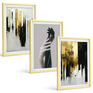 BILDER SET 3er Set - 40x60 cm Goldrahmen - Abstrakte handgemalte Muster
