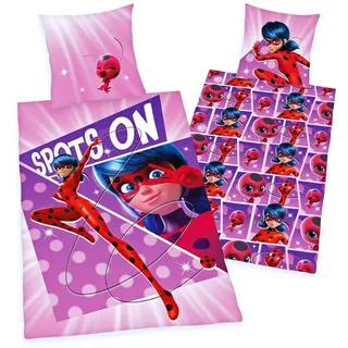 Herding Jugendbettwäsche Miraculous 135x200cm Ladybug Cat Noir, Renforcé, 2 teilig, Kwami Tikki, mit Knopfleiste lila