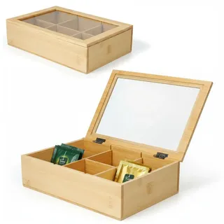 LS-LebenStil Teebox Holz Aufbewahrungsbox Teebox 6 Fächer mit Deckel Teekiste Schmuckkiste, Bambus, (Nachhaltiger Organizer - durchsichtiger Glasdeckel, 1-tlg., Holzkiste Schmuckkiste Schmuckkasten Schmuckkästchen Aufbewahrung), Aufbewahrung für Teebeutel, Tee, Schmuck braun