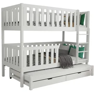Deine Möbel 24 Etagenbett LUKAS Stockbett Hochbett Kinderbett für 3 Kinder 90x200 Weiß (mit Ausziehbett, Matratzen optional, 3-St., Funktionsbett inkl. Lattenrost, Rausfallschutz und 2 Schubladen), aus Vollholz Massivholz Kiefernholz, in 2 Einzelbetten umbaubar weiß