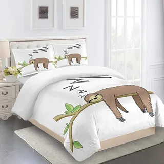 JKCloth Bettwäsche Set 155x220 cm mit 3D Muster Faultier 3 teilig Bettbezüge Set Mädchen mit Microfaser Reißverschluss und 2 mal 80x80cm Kissenbezug Geeignet für Sommer und Herbst