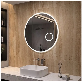 AQUABATOS Badspiegel LED Rund Badspiegel Wandspiegel mit Beleuchtung 80x80 cm (Touch-Schalter,einstellbare Helligkeit,Kaltweiß 6400K), mit 3-Fach-Vergrößerung Kosmetikspiegel und Digitaluhr Energiesparend