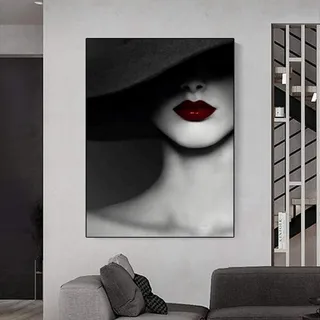 HMXQLW Leinwand Bild Schwarz Weiß Mode Hut Frau Leinwand Malerei Rote Lippen Bilder Wohnzimmer Deko, Leinwand Bilder Poster und Drucke Wandkunst Malerei Schlafzimmer Rahmenlos (20X30CM)