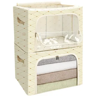 Cozary 66L Aufbewahrungsbox mit Deckel, Aufbewahrungstasche für Bettdecken mit Reißverschlüss, Metallrahmen,Stabile Faltbare Kleideraufbewahrung Box für Kleidung,Stoffbox mit Griffen & Fenster2er Set