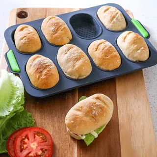 Baguette-backform Zum Selbermachen Mit 8 Ovalen Silikonmulden, Kuchenform, Hellgrau Mit Gelbem Griff, 1 Stück