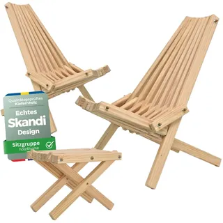 holz4home Skandinavisches Liegestuhl Set aus massivem Kiefernholz Sitzgruppe I Wellnessstuhl Stuhl für Garten, Terrasse oder Wellnessbereich I Stuhlset Skandi Design I 2X Stuhl & 1x Tisch