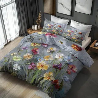 Generisch Bettwäsche 135x200 Bunte Blumen - Schlafzimmer Deko Bettbezug 135 x 200 2tlg Vintage Künstlerische Blumen Muster, 1 Kissenbezug 80x80, mit Reißverschluss, Weich Mikrofaser ST#117