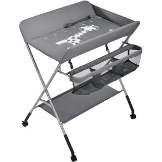 Belfoyer Wickeltisch Klappbar, Baby Klappbarer Wickeltisch mit Rollen und Wickelauflage, Wickelkommode Baby mit Motiv Giraffe, Höhenverstellbar, Platzsparend und Stabil (Dunkelgrau))