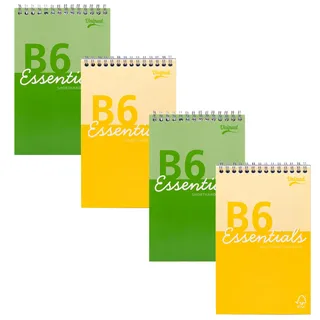 Pukka Pad Essentials B6 Kurzes Notizbuch, 4 Stück, Spiralbindung, sortiert, Grün und Gelb, 160 Seiten, 80 Blatt FSC, 60 g/m2, liniertes Papier mit Seitenperforation