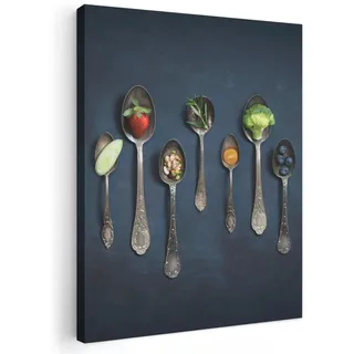 MuchoWow© Leinwand Bilder Wanddeko Wohnzimmer Aesthetic Room Decor Deko | 30x40 cm - Zimmer Wandbilder Modern Bild auf Küche - Gewürze - Löffel - Silber - Gewürz - Industrial